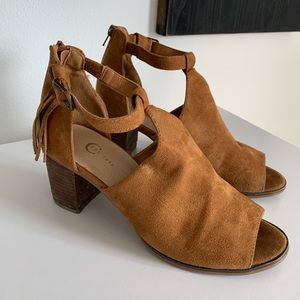 Tan Open Toes Heeled Booties